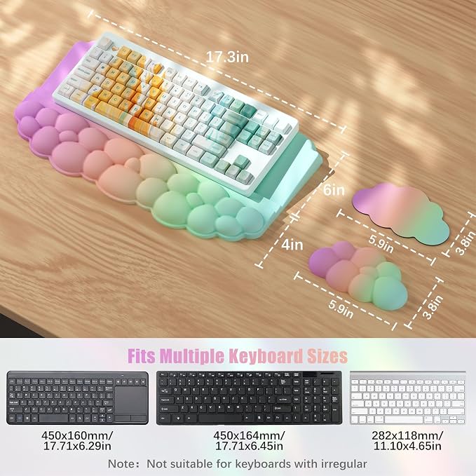 Ergonomic Wrist Rest for Keyboard, Soft Memory Foam Cloud Keyboard Stand | Keyboard Riser Holder with Wrist Pad, Desk Cushion, Easy Typing, Pain Relief, Comfort for Computer Laptop Mac - Rainbow