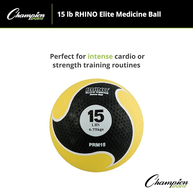 Champion Sports Rhino Elite Medicine Ball – Textured Surface, Superior Grip, Hollow Synthetic Rubber for Consistent Bounce & Durability, Multiple Weights & Colors - Optional Rebounder Sold Separately