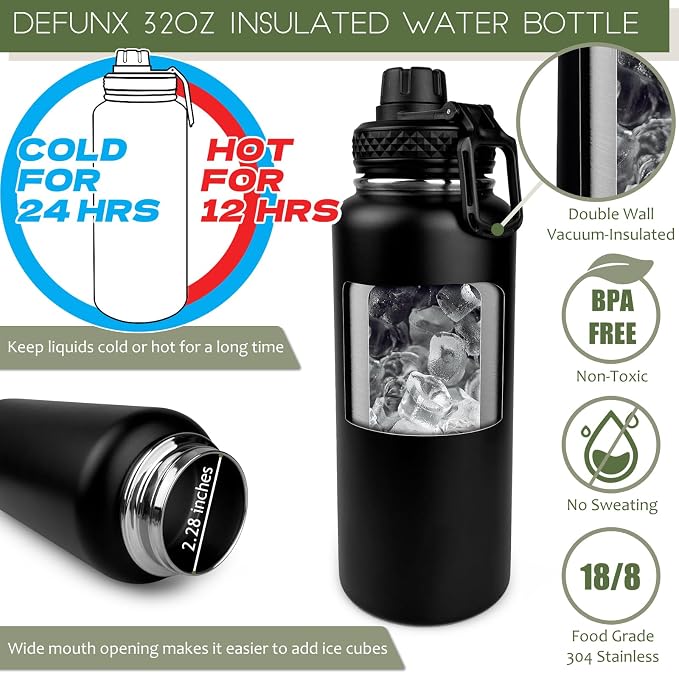 DEFUNX 32 Oz Water Bottle with Sleeve - Insulated Bottle with Strap Stainless Steel Gym Water Bottles for Men Sports Workout Hiking All Black