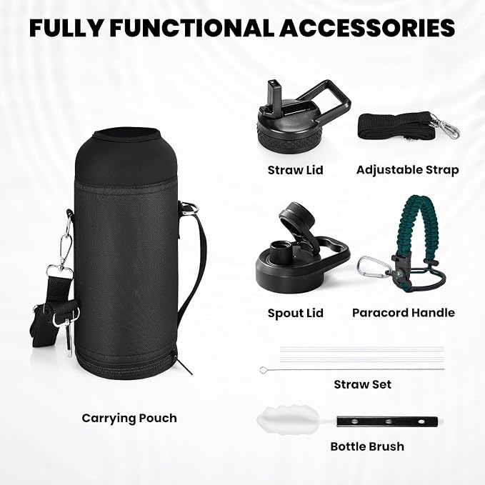 RAYMYLO Insulated Water Bottle 40 oz, Triple Wall Vacuum Stainless Steel | (Cold for 36Hrs, Hot for 18Hrs), Leak Proof & Non-BPA, Modern Water Flask Jug with Paracord Handle & Straw Spout Lids