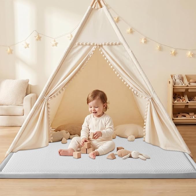 Baby Play Mat for Floor Nursery Rug Muscle Area Rug Playroom Rug 50x50" Playpen Mat Elastic Foam 1.3" Thick Crawling for Babies,Toddlers, Infants, Kids(Ripple Light Grey)
