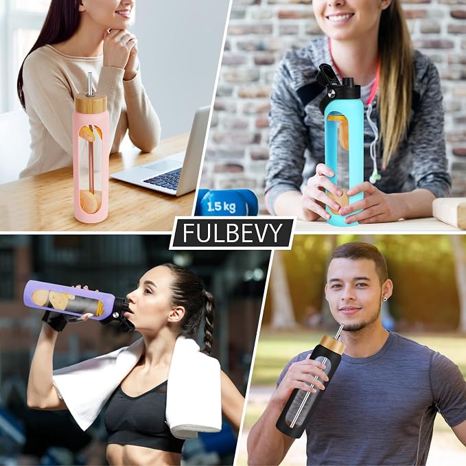 FULBEVY 32 oz Glass Water Bottles - 1 Liter Motivational Tumbler Water Bottle Time Marker - Borosilicate Glass Water Bottle With Silicone Sleeve and 2 Lids, Handle Spout & Bamboo Straw Lid (Black)