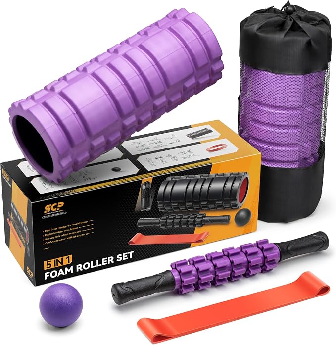 SUBCULTUREPICK 5 in 1 Foam Roller Set for Deep Tissue Muscle Massage | High Density Trigger Point Fitness Patented Exercise Roller, Muscle Stick, Massage Ball, Stretching Strap, for Whole Body