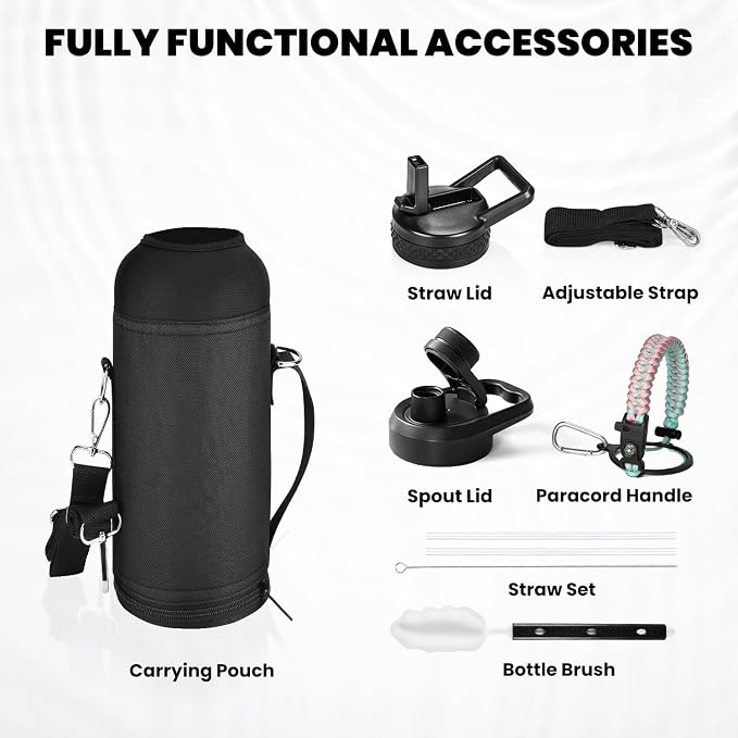 RAYMYLO Insulated Water Bottle 40 oz, Triple Wall Vacuum Stainless Steel | (Cold for 36Hrs, Hot for 18Hrs), Leak Proof & Non-BPA, Modern Water Flask Jug with Paracord Handle & Straw Spout Lids
