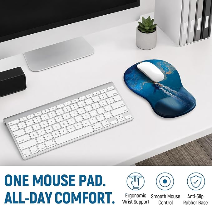 Ergonomic Mouse Pad with Wrist Rest, Gel Wrist Support, Coastal | 10.2 x 7.6 in Mouse Pad with Smooth Fabric Surface and Non-Slip Rubber Base for Office, Home, Study, and Gaming
