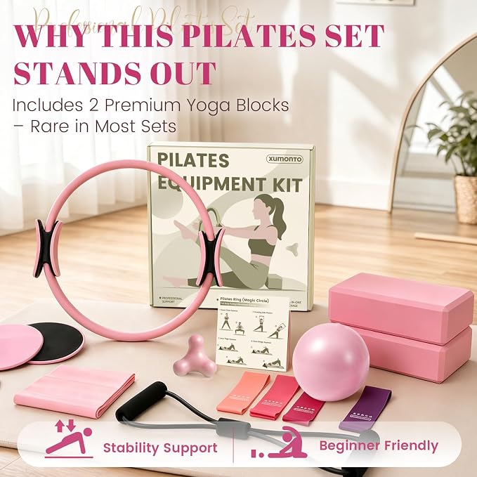 Pilates Kit for Women, At Home Equipment Set with Pilates Ring, 2 Yoga Blocks, Mini Exercise Ball, Resistance Bands, Sliding Discs, Stretch Strap for Full Body Workout