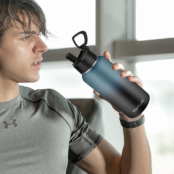 Insulated Water Bottle With Straw,32 oz Vacuum Insulated Stainless Steel Sports Water Flask,Keeps Cold and Hot,Metal Water Bottle Wide Mouth for Gym Travel Camping (Blue & Black)