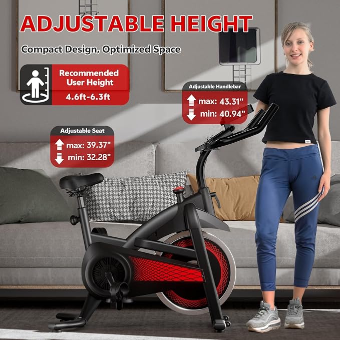 Exercise Bike with Bluetooth, Wool Felt Brake Pad Stationary Bike - 300lb Weight Capacity Quiet Belt Drive Indoor Cycling Bike for Home Cardio, Adjustable Handlebar & Extra Soft Seat, Digital LED Monitor