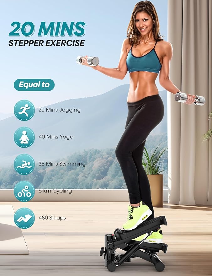 Mini Stepper for Exercise at Home, 330LBS Portable Stair Climber Machine | Includes resistance bands, adjustable height stair stepper with LED monitor for full body workout