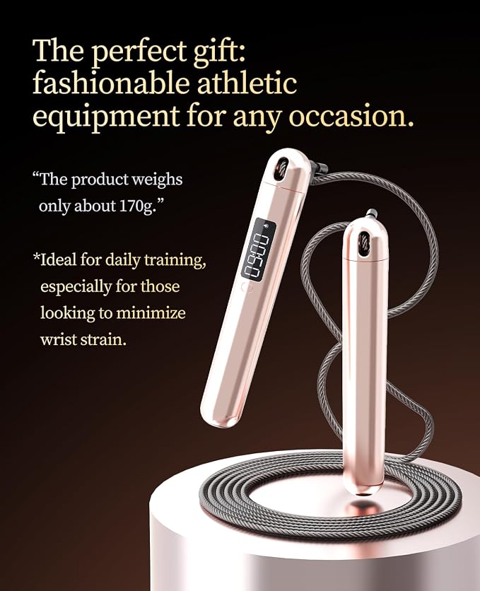 ACHDOFITS Jump Rope with Smart Counter for Adults | Tangle-free Steel Core, 170g. Fits 5'-6'5". 4 Modes: Beginner-HIIT. Rechargeable. For Women & Men. Tracks Calories & Jumps.