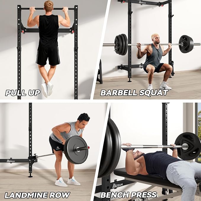 Mdeam Folding Squat Rack,2.36"x2.36" Wall Mounted Power Rack for Home Gym | Foldable Space-Saving,Heavy-Duty 1000LBS Capacity,with Pull-Up Bar, J-hooks,Landmine,Multi-Functional for Full-Body Training