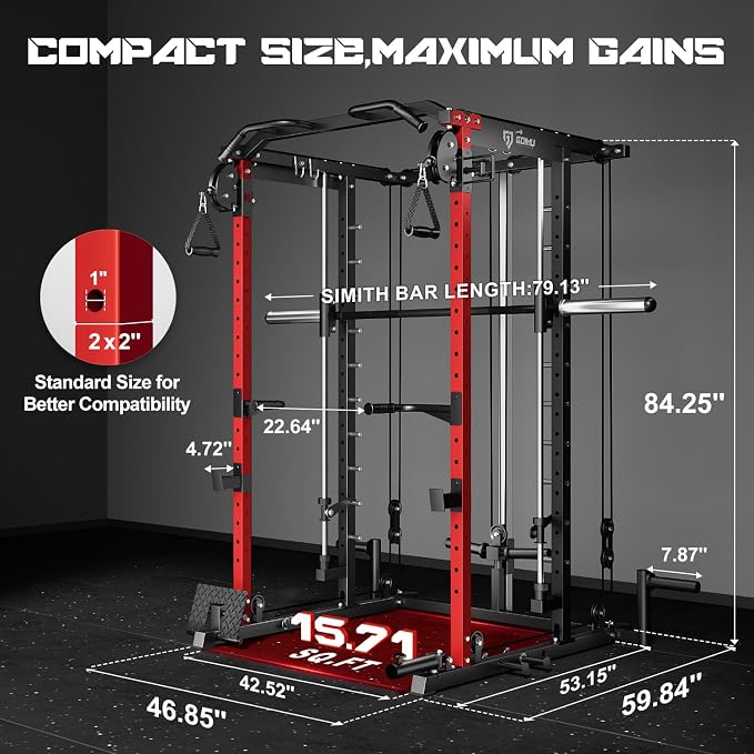 S1-V4 Smith Machine, 2000LBS Power Cage with Cable Crossover System, All-in-One Squat Rack with Smith Bar, Strength Training Equipment for Home Gym