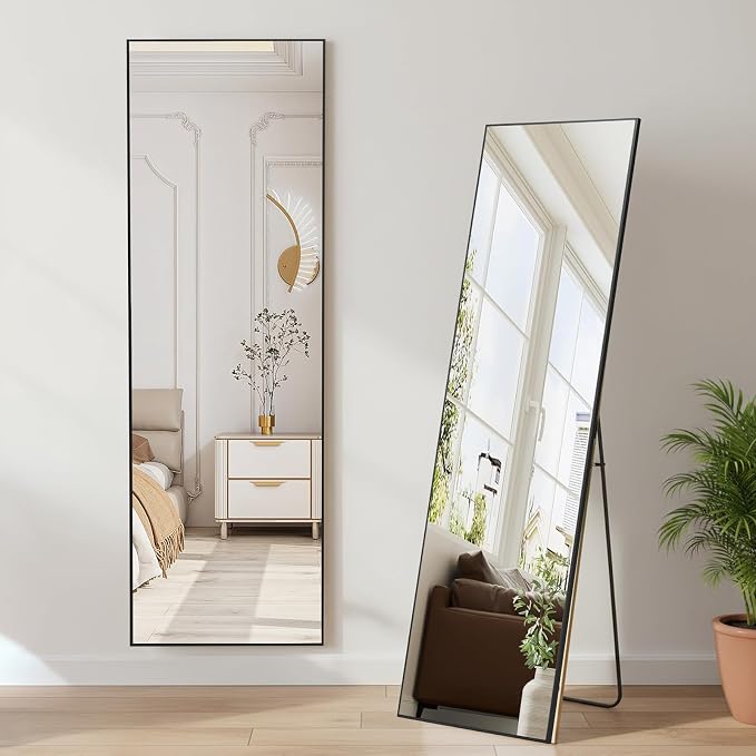 NEWBULIG Full Length Mirror, 59"x16" Full Body Standing Mirror, Black | Leaning or Standing, Tempered Glass, Aluminum Alloy Thin Frame Floor Stand for Bedroom, Cloakroom