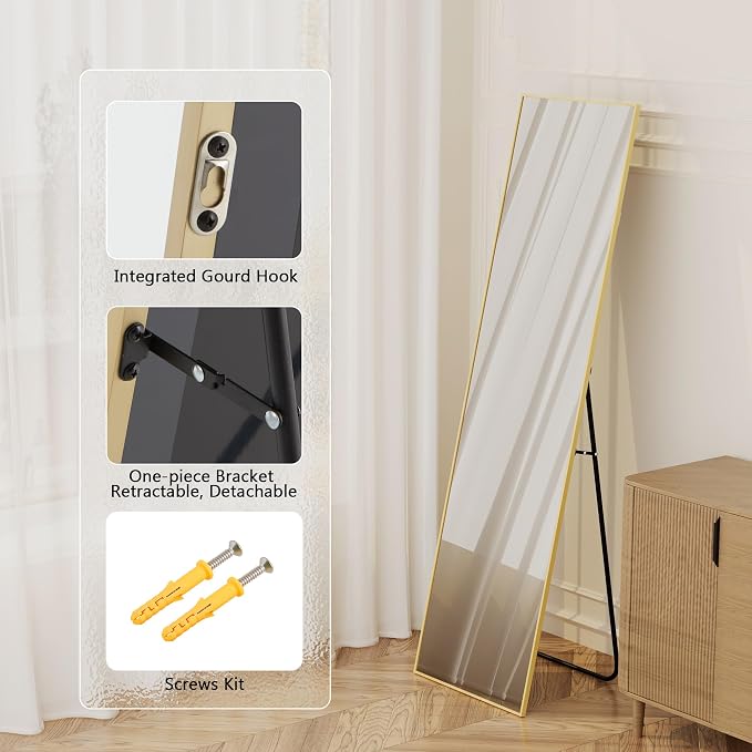 Aluminum Frame Mirror, 59"x16" Full Length Mirror with Stand, Free Standing Leaning Mirror Hanging Mounted Mirror for Bathroom Living Room, Gold