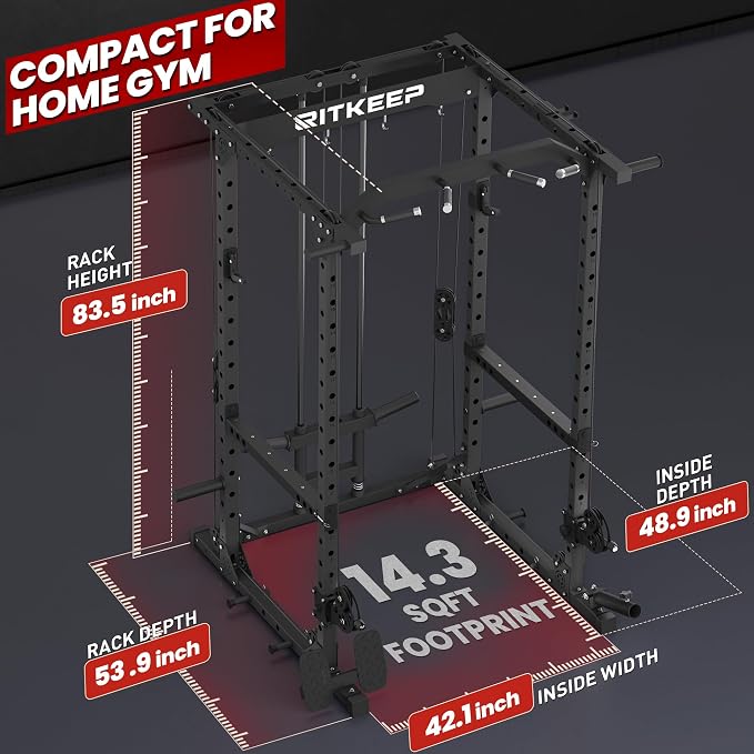 RitKeep Power Rack M10 with Pulley System & LAT Pull Down for Home Gym | Multi-Function Squat Rack with 1500LB Capacity, Pull-Up Bar & J-Hooks plus 11 Attachments for Strength Training