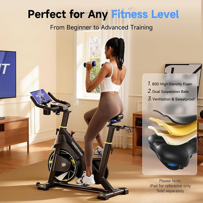 YPOO Exercise Bike, Adjustable Magnetic Resistance Stationary Bikes for Home Cardio with Exclusive App, Indoor Bike with 330lbs Weight Capacity Comfortable Seat, Tablet Mount and Fitness Courses