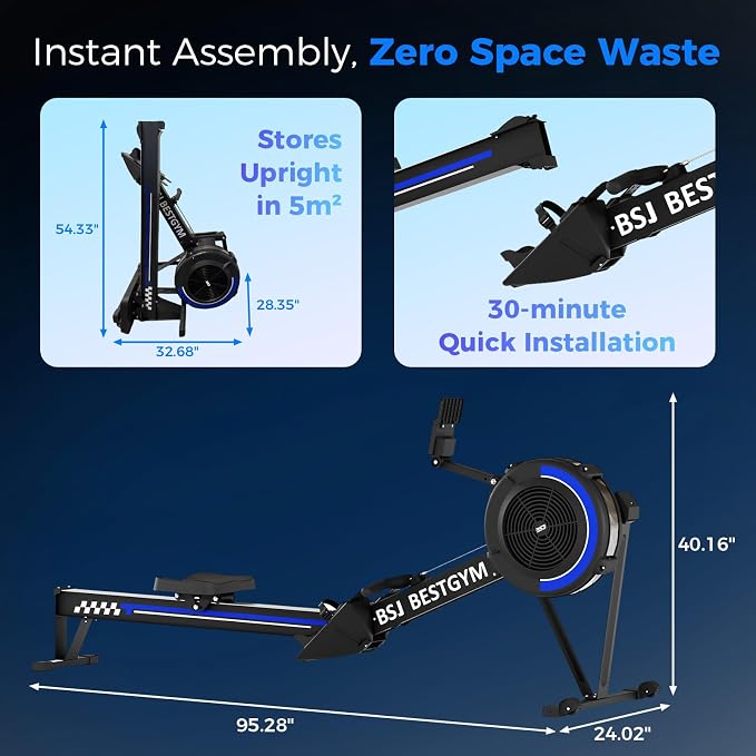 Rowing Machine for Home, Professional Adjustable Air Resistance Rower Machines with Self-Powered Monitor, 53.7'' Row Rail, Ergonomic Comfort Seat, Easy Storage