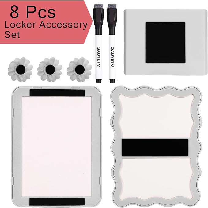 8 PCS Gray Locker Accessories Kit for Girls with Magnetic Mirror Whiteboard Pen Holder Flower Magnets Cute Aesthetic Locker Decoration Set for School Dorm Office Organization