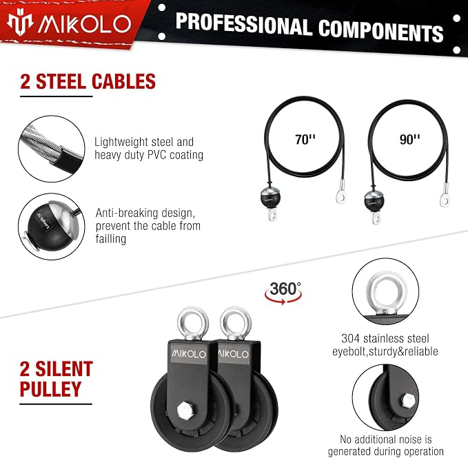 Mikolo Upgraded Weight Lift Pulley System - LAT Pulley Attachments with Adjustable Length Cable for Full Body Training, Home Gym Set