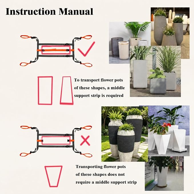 Plant Pot Moving Straps, Adjustable Garden Planter Lifting Strap for Heavy Flower Pots, Trees, Rocks and Landscaping Objects, 9-18 Inch Diameter, Two Person Carrying Harness, Gray Orange