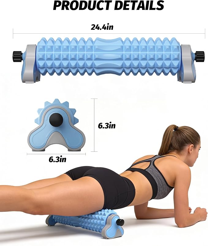 Foam Roller for Back, 3-Level Height Adjustment Deep Tissue Massage Tool | Spinal center groove, dual-zone textured nodes, hands-free bodyweight control, stable wide base, compact home storage design