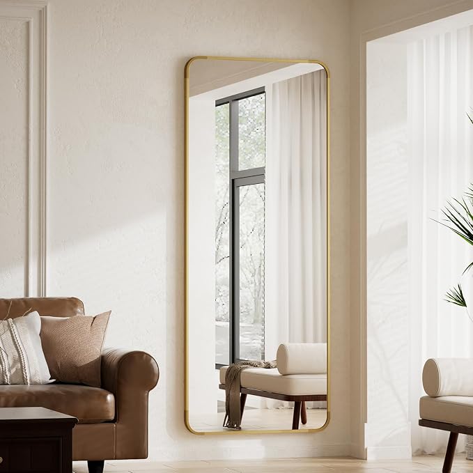 BEAUTYPEAK 65" x 24" Rounded Corner Full Length Mirror with Stand, Gold | Aluminum Alloy Frame with Standing, Leaning, or Wall-Mounted, Ideal for Bedroom, Dressing Room, Entryway, and Living Room