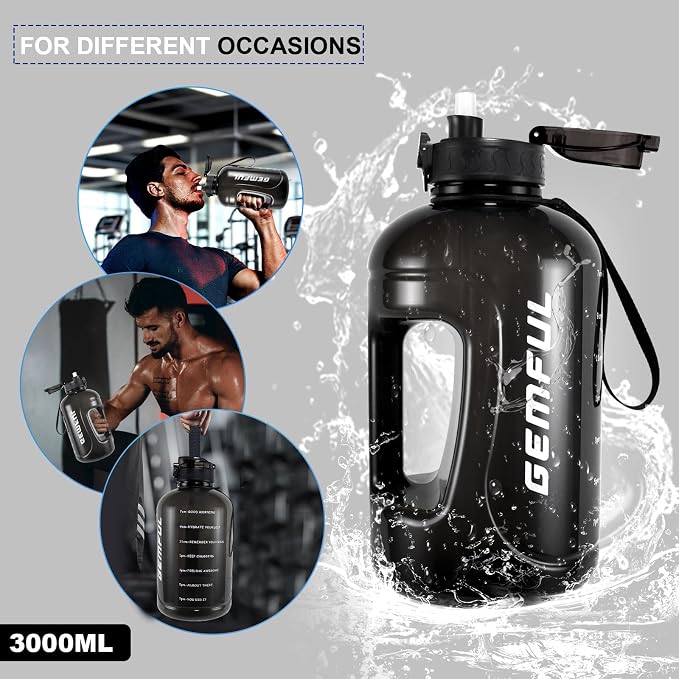 GEMFUL 100oz Water Bottle with Time Marker & Straw 3L for Fitness (Black) | BPA Free, Leak-proof, Tracks Daily Intake, Great for Gym, Hiking, Camping, Home,Office, Travel, Women,Men, Wide Mouth
