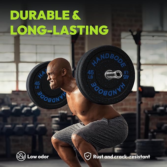 HANDBODE 2-Inch High-Bounce Bumper Plates, Olympic Weight Set, 10-650 lb | Barbell Weight Plates Set for Home Gym, Colored Weights Rubber Strength Training Plate for Weight Lifting