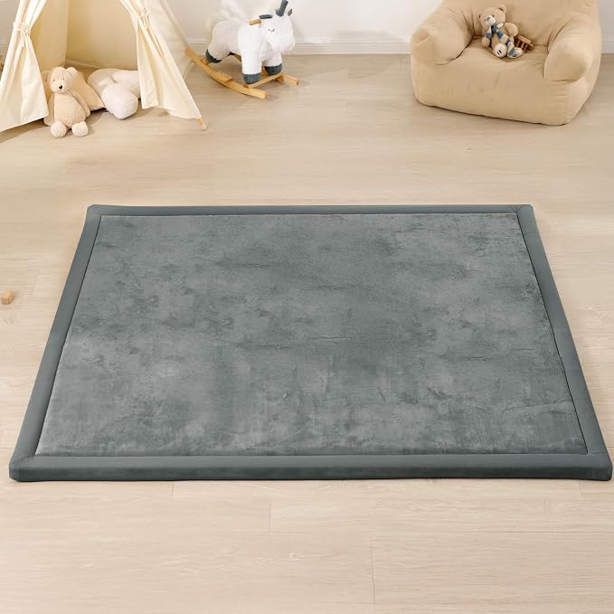 1.3" Thick Baby Floor Play Mat, 59x79 Padded Foam Tummy Time Crawling Mat, Non-Slip Water-Repellent Soft Plush Nursey Area Rug for Playroom Bedroom Living Room (Dark Gery)