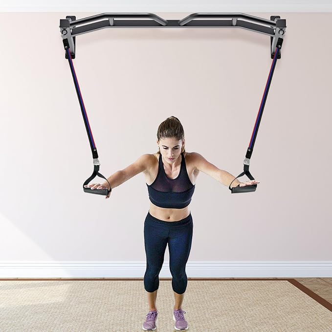 Kipika 48" Ceiling Mounted Pull Up Bar, Heavy Duty Multi-Grip Chin Up Bar,Mounted Pullup Bar, Adjustable Height, Pull Up Bands for Chin Ups & Body Stretching, Ideal for Home Gym and Strength Training