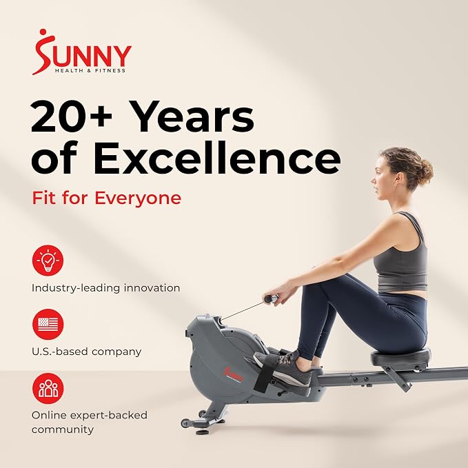 Sunny Health & Fitness Smart Magnetic Rower, Compact Quiet & Smooth Rowing Machine for Full-Body Cardio Exercise, Free SunnyFit Training App Connection
