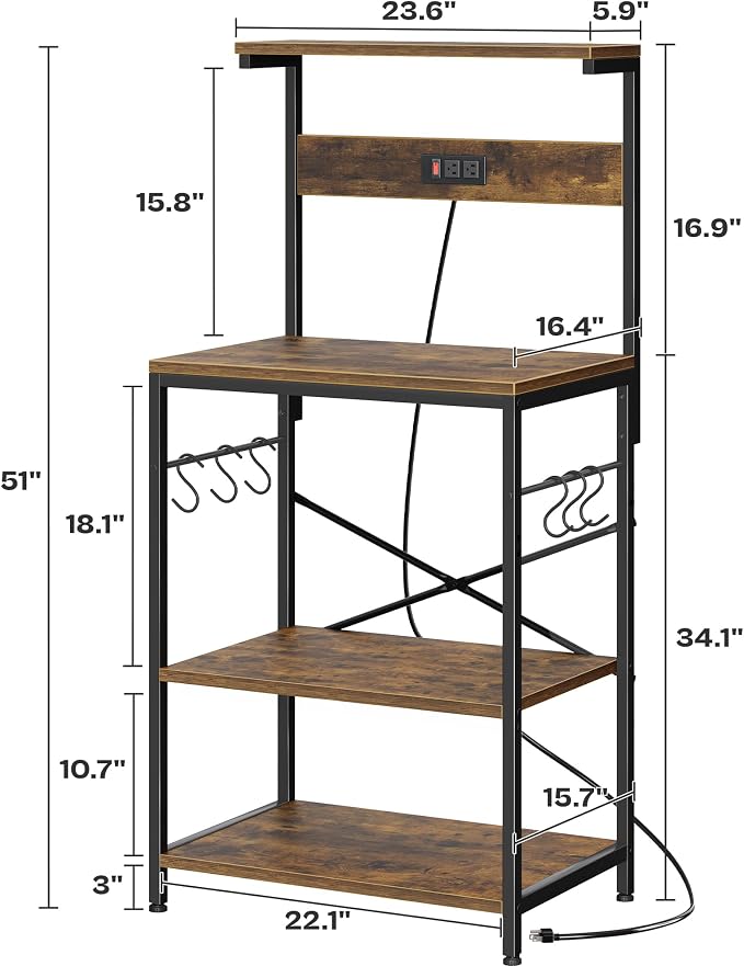 SUPERJARE Kitchen Bakers Rack with Power Outlet, Coffee Bar Table 4 Tiers, Kitchen Microwave Stand with 6 S-shaped Hooks, Storage Shelf Rack for Spices, Pots and Pans - Rustic Brown