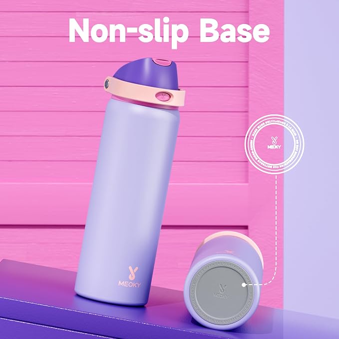 32 oz Insulated Water Bottle for Women: Meoky Stainless Steel Metal Water Bottle with 2-in-1 Straw and Spout Lid - Leak Proof, Cold for 24 Hours, Protective Silicone Base, BPA-Free for Sports, Orchid
