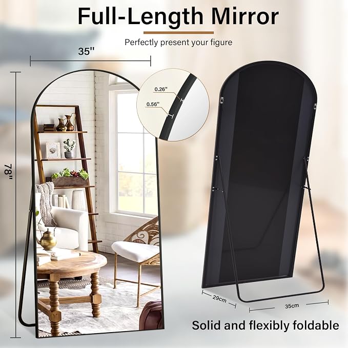 Arched Big Full Length Mirror 78"x35" Leaning Hanging Black | Standing Body Mirror with Aluminum Frame for Bedroom Cloakroom Living Room Make-up Gift
