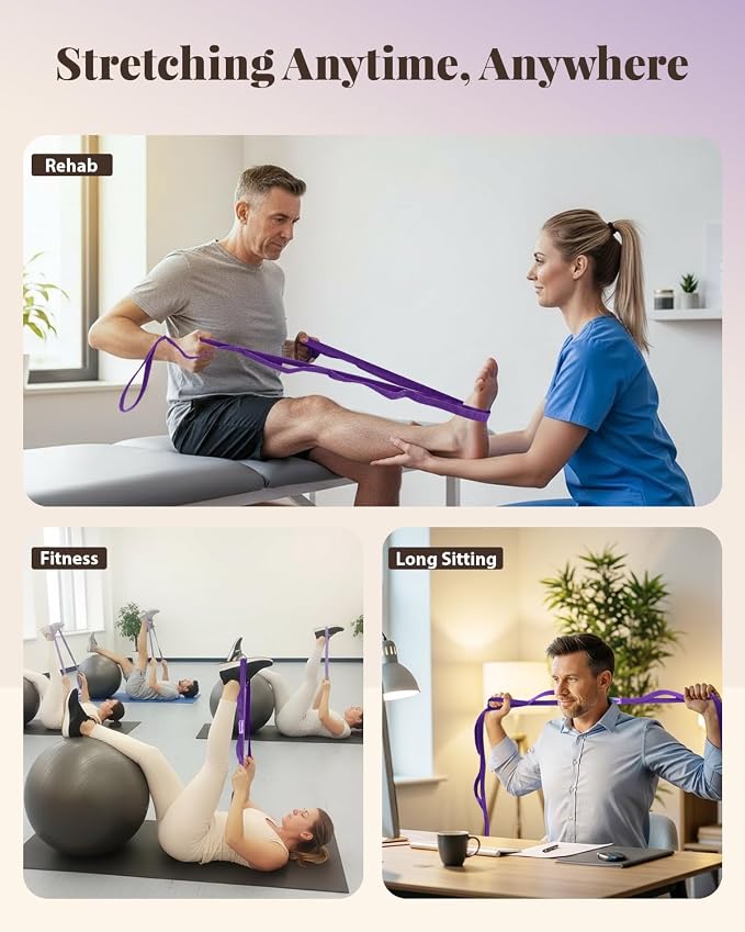Trideer Stretching Strap with Loops & Leg Lifter, Non-Elastic PT-Style Physical Therapy Strap for Knee Replacement Rehab, Hamstring, Calf & Back Stretcher Mobility, Hip, Shoulder & Yoga