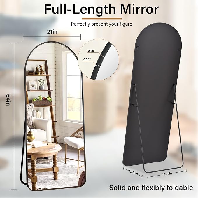 Arched Full Length Mirror 64"x21" with Round Corner Black | Standing Body Mirror with Aluminum Frame for Bedroom Cloakroom Living Room Make-up Gift