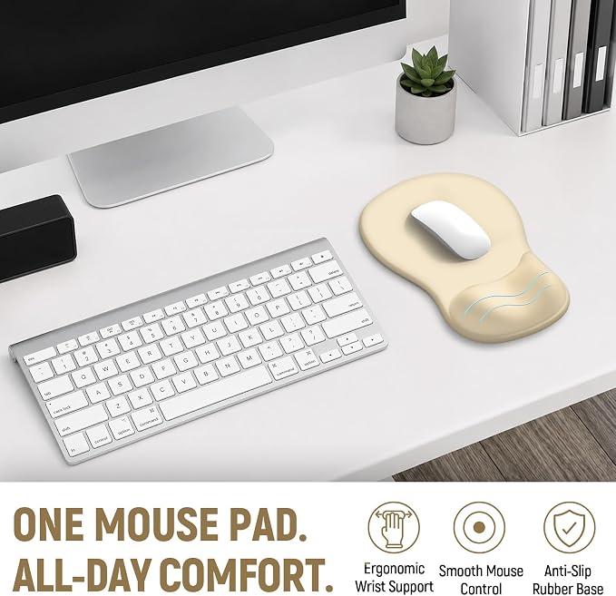 Ergonomic Mouse Pad with Wrist Rest, Gel Wrist Support, Beige | 10.2 x 7.6 in Mouse Pad with Smooth Fabric Surface and Non-Slip Rubber Base for Office, Home, Study, and Gaming