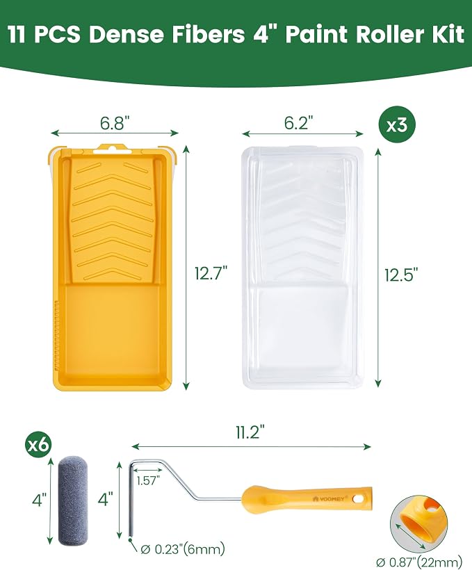 Voomey Foam Paint Roller, 4 Inch Mini Flock Foam Cover Kit | Small Paint Rollers with Tray and Roller Frame for Doors, Trims & Cupboards