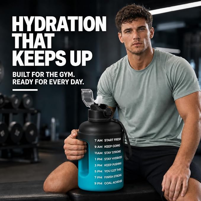 Half Gallon Water Bottle with 2 Lids,Dishwasher Safe, BPA Free,Leak Proof | 73 OZ Large Water Bottle with Straw,Shatter Resistant, Resuable,Time Marker,Big Gym Motivational Water Jug with Handle