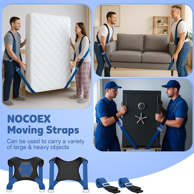 NOCOEX Moving Straps for Heavy Object - 2-Person Lifting and Moving System with Soft Back Pad - Shoulder Lifting Straps for 2 Movers to Easy & Safe Carry Furniture Appliance Mattresse Up to 880lbs
