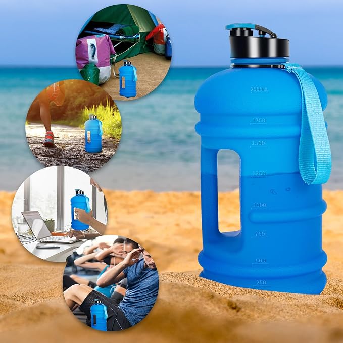TOOFEEL 2 Liter Water Bottles - Half Gallon BPA Free - Ideal for Gym, Reusable Large Water Bottle with Measurements Marked - 74 oz Matte Blue
