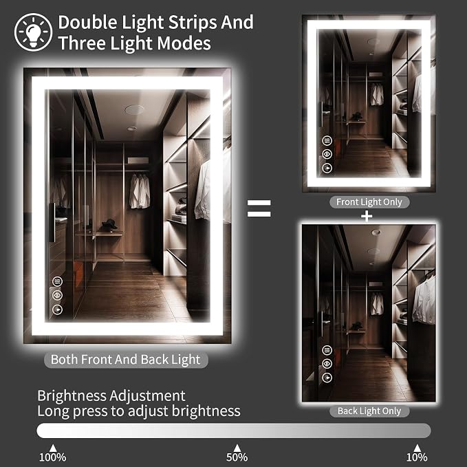Koonmi 42x30 LED Bathroom Mirror with Light, Anti-Fog, 3 Colors | Backlit + Front Lit, Dimmable Brightness, Shatterproof HD Distortion-Free Tempered Glass, Hardware Included