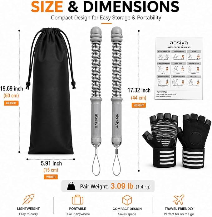 Cordless Battle Rope Workout Equipment – Portable Resistance Spring Trainer for Full Body Cardio, HIIT, Fat Burning & Strength Training – Home Gym Fitness Kit with Gloves & Carry Bag