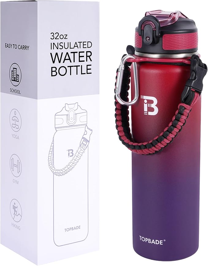 TOPBADE 32oz Insulated Water Bottle with Straw Lid & Spout Lid & Paracord Handle, Stainless Steel Water Bottle Wide Mouth, Double Wall for Women Men Gym Fitness Outdoor