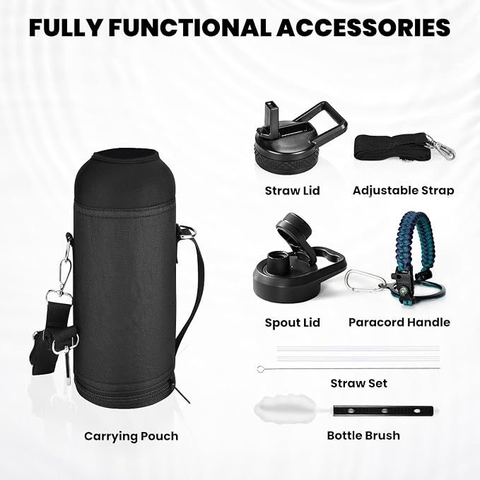 RAYMYLO Insulated Water Bottle 40 oz, Triple Wall Vacuum Stainless Steel | (Cold for 36Hrs, Hot for 18Hrs), Leak Proof & Non-BPA, Modern Water Flask Jug with Paracord Handle & Straw Spout Lids