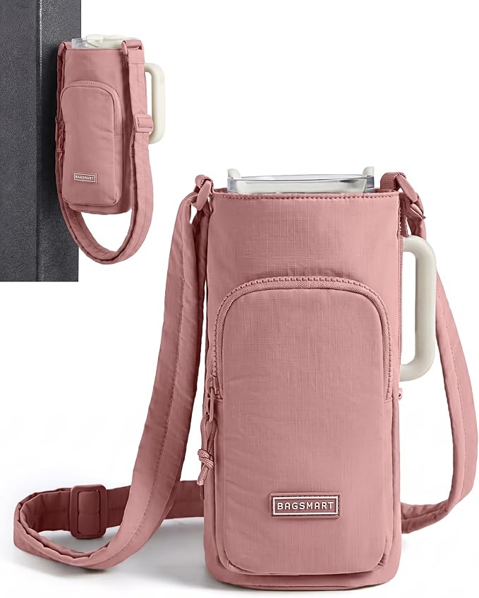 BAGSMART 40oz Water Bottle Holder with Strap, Quilted Gym Accessories | Magnetic or Classic Design, Lightweiht Tumbler Drink Carrier, Quilted Crossbody Purse