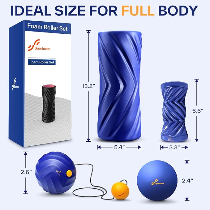 Sportneer 4 in 1 Pilates Foam Roller Muscle Relax Kit | with 2 Textured Foam Rollers Stringed Exercise Ball, Lacrosse Ball for Muscle Shoulder Back Leg Whole Body Relax Fitness Yoga