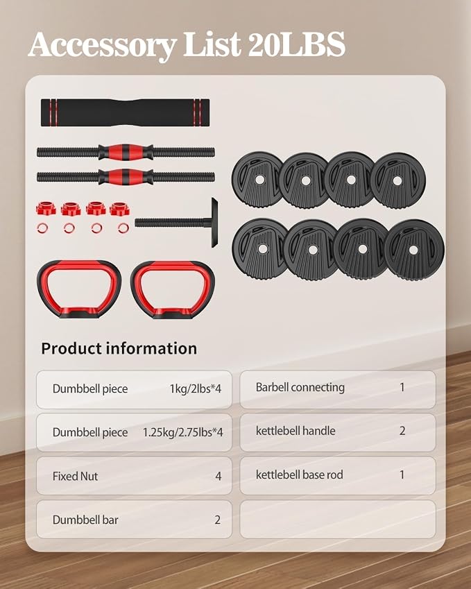 Adjustable Dumbbell set,20/30/45/70/90lbs Free Weight Set | 5 in1 Dumbbell Set with Connector,Used as Barbell,Kettlebells,Push up Stand,Fitness Exercises for Home Gym Suitable Men/Women