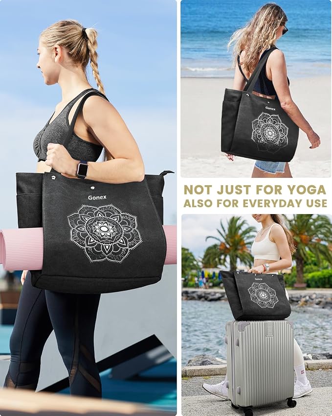 Gonex Yoga Mat Bag For Women Canvas Tote Pilates Gym Bag With Mat Carrier | Front-Opening Quick Access Mat Straps, Durable Cotton Canvas, Machine Washable, Bottle Holder Multi Pockets, Yoga Gym Travel