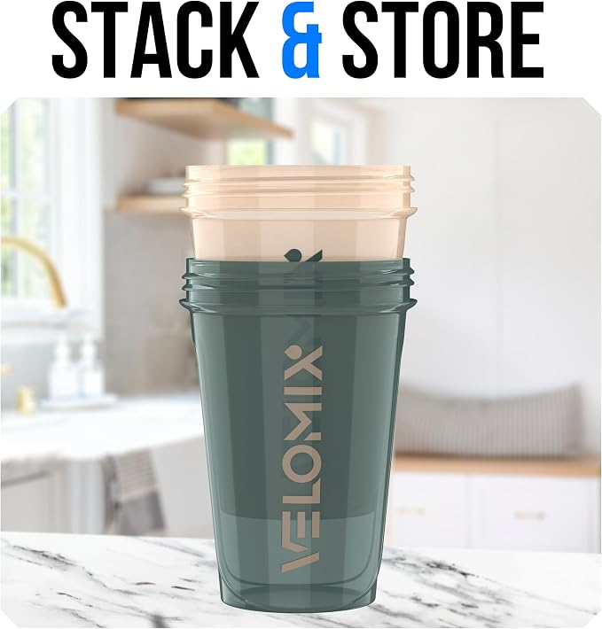 VELOMIX 2 Pack 20oz Protein Shaker Bottle for Protein Mixes, Blue&Beige | 2x Wire Whisk, Leak Proof Shaker Cups for Protein Shakes, Stackable, Dishwasher safe, BPA free, Pre Workout and Gym ready